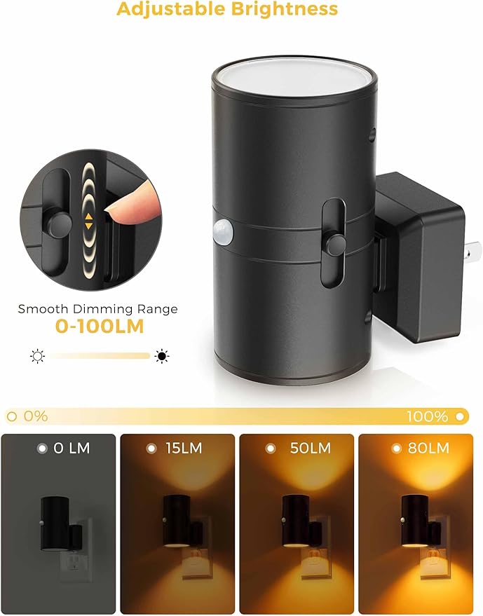 L LOHAS LED Motion Sensor Night Light, Amber Nightlights, [2 Pack] Motion Activated Nightlight, Dimmable Night Light, Yellow Nightlight, 0-100LM, Sleep Light for Bathroom Hallway Bedroom Stairway