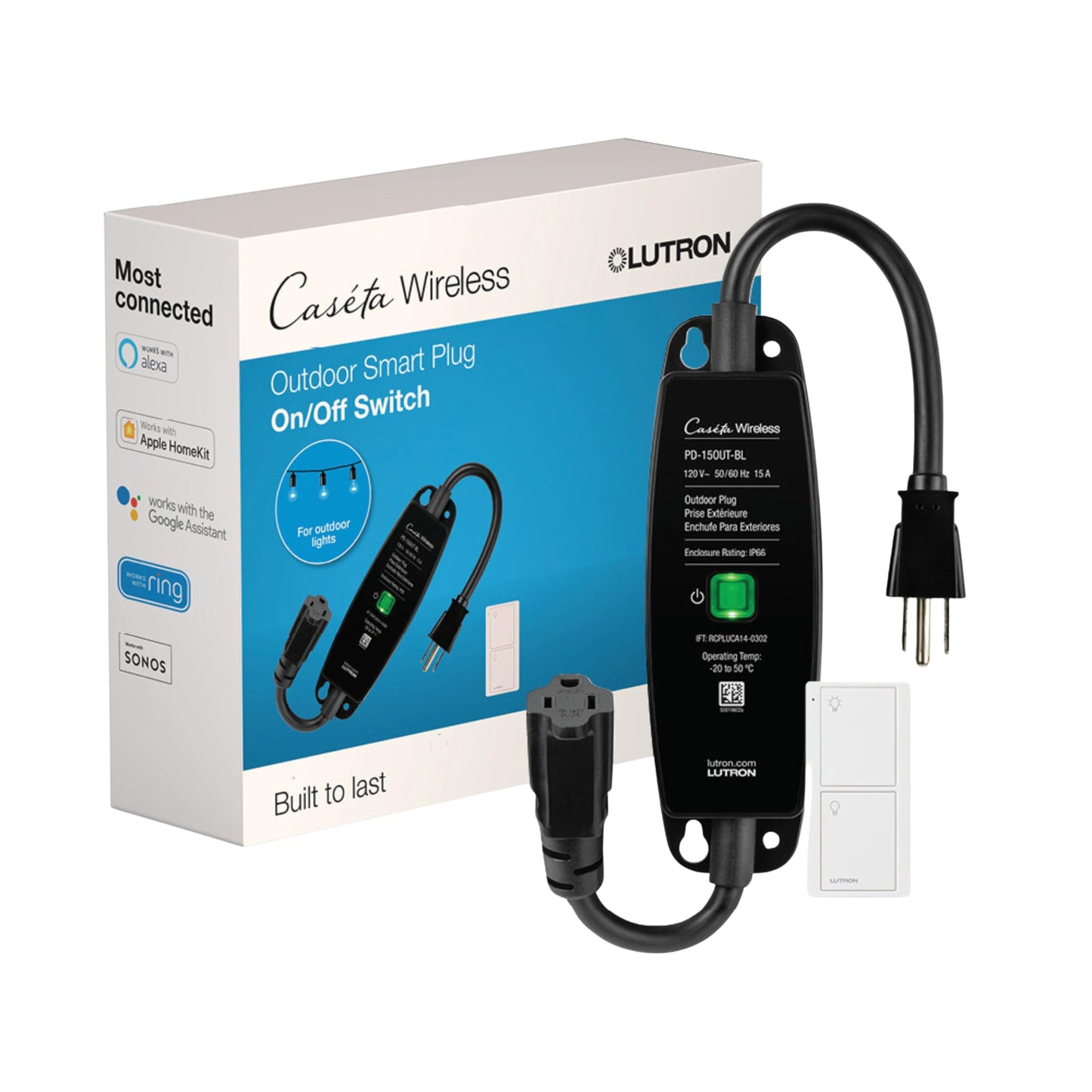 Lutron Caseta Outdoor Smart Plug with Pico Remote, Weatherproof, Black, 1 Pack