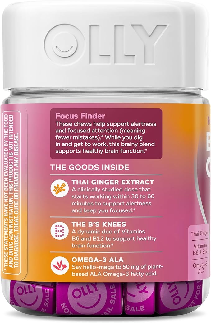 OLLY Focused Thinker Brainy Chews, Omega-3 ALA, Vitamins B6 & B12, Plus Thai Ginger Extract for Alertness, Concentration & Cognitive Performance Support, Vegetarian, Raspberry, 20 Count