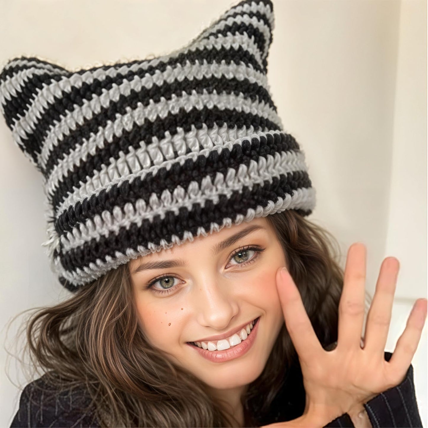 Crochet Cat Ear Beanie Black Gray Cat Ear Hat for Women Cute and Cozy Gothic Knitted Crochet Perfect for Winter Halloween Christmas and Y2k Aesthetic