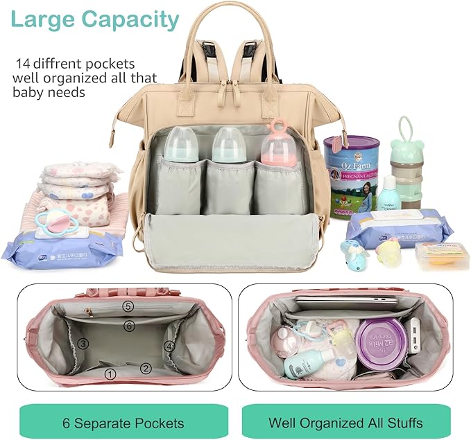 Convertible Diaper Bag Tote, Wide Open Top 14 Pockets Stylish Baby Diaper Bag with Stroller Buckle, Water-resistant (Beige, Large)