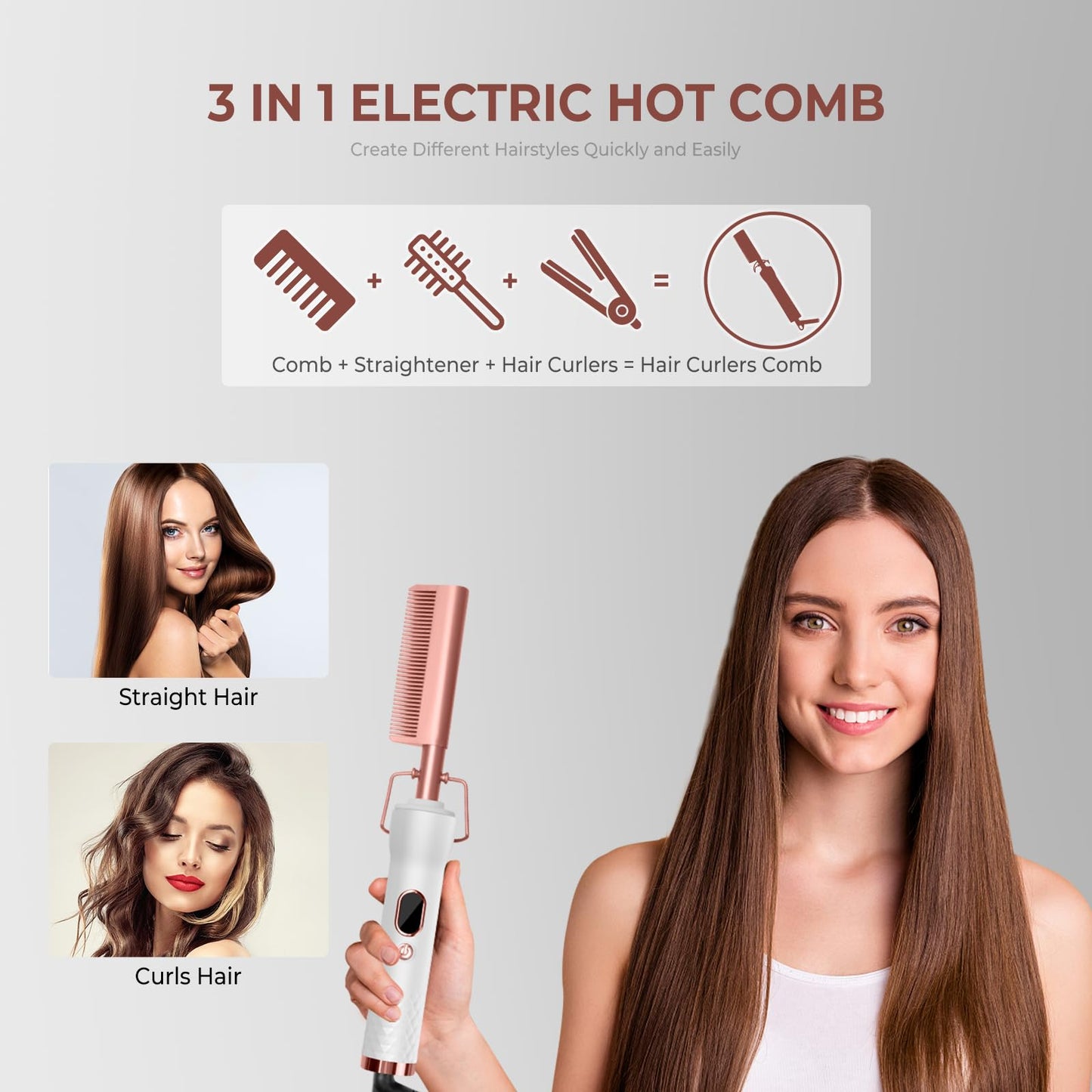 Hot Comb,Straightener and Curling Iron 2 in 1,110-240V Hair Culer for Wigs with 12 Temp Settings,Flat Iron Comb for Black Hair,H
