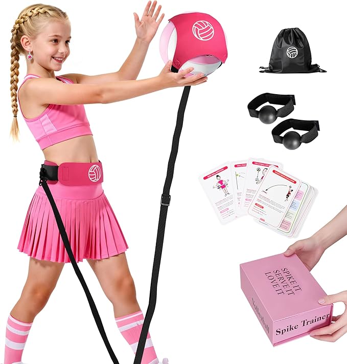 HLXDV Volleyball Training Equipment (No Ball Included): 6-Piece Pink Solo Volleyball Trainer Set with Training Cards for S...
