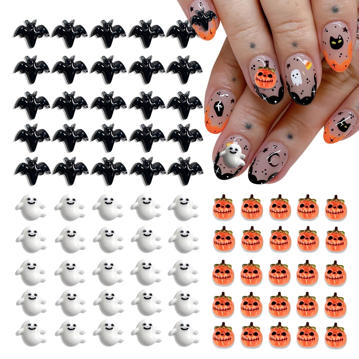 75Pcs Halloween Nail Charms Bat Pumpkin Ghost Nail Charms 3D Resin Black Nail Charm Halloween Charms for Nails Design Cute Nail
