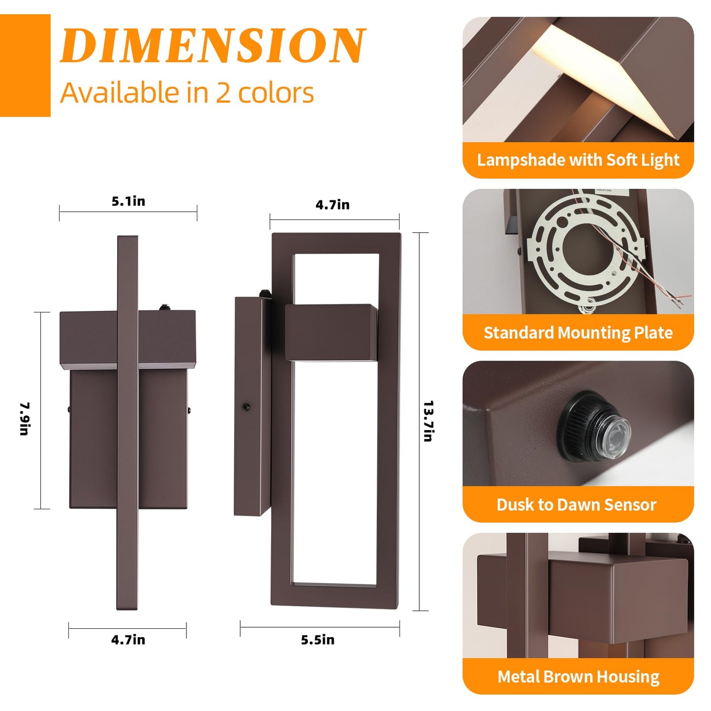 Tewei Led Outdoor Wall Sconce Dusk To Dawn Outdoor Lighting  Modern Exterior Lighting Fixtures  Brown Led Front Porch Lights Outside Wall Mount Lights For House  Hallway  Warm White 3000K  1 Pack
