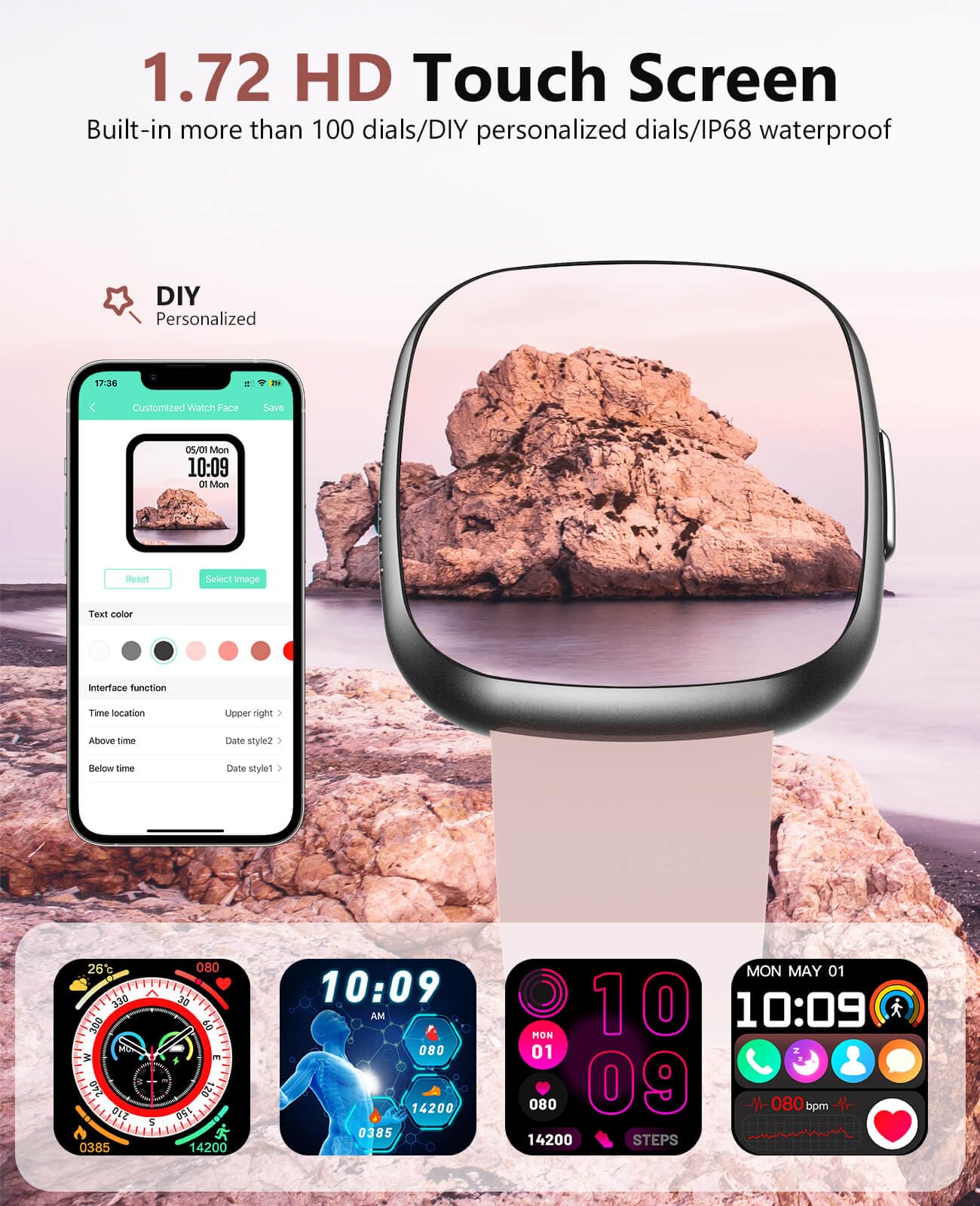 Smart Watch for Women, 1.72" Super Retina HD Display, Fitness Watch with with Sleep Stress, 24/7 Heart Rate HRV Spo2 Monitor, 135 Sports Modes Fitness Tracker, Waterproof Square Watch for Android iOS