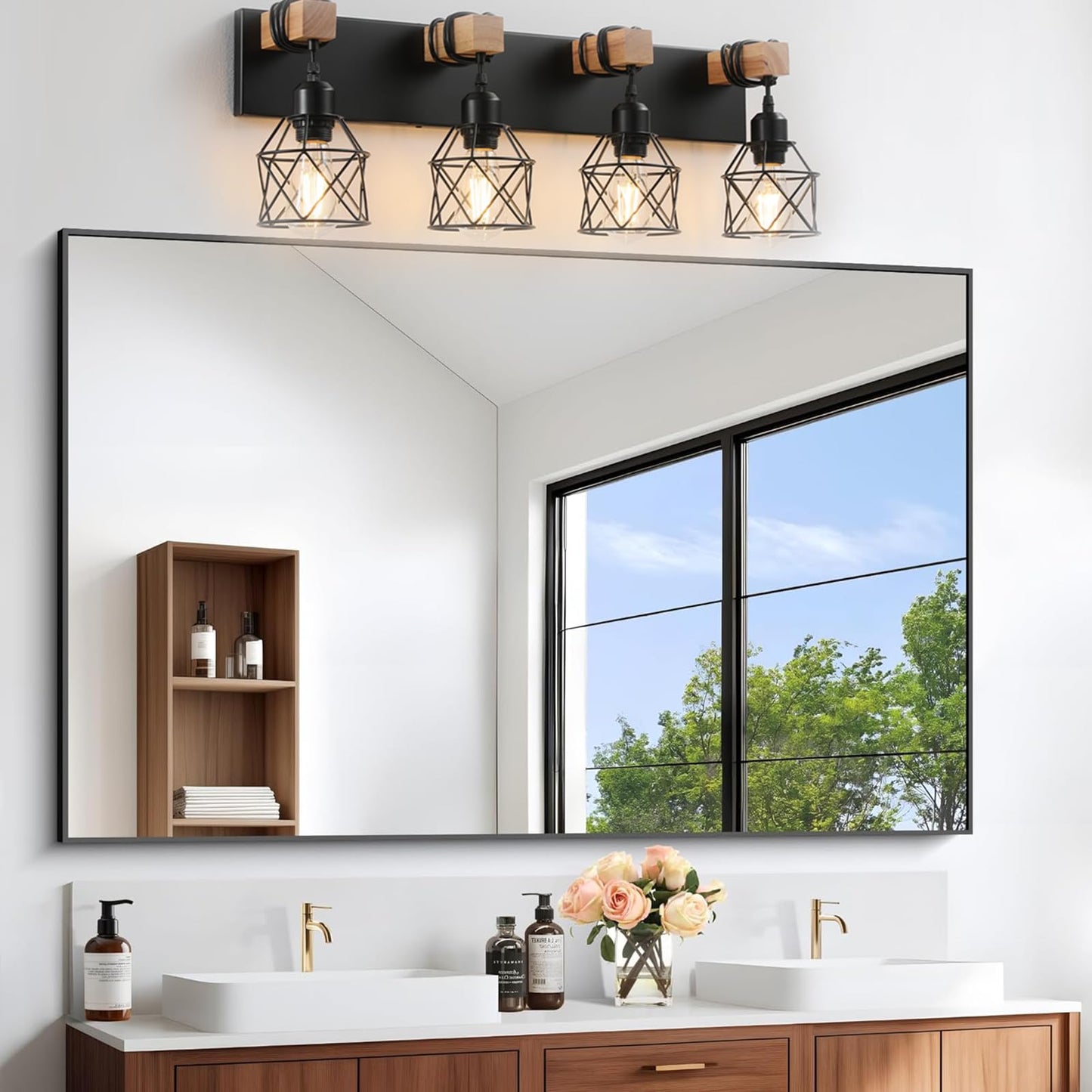 Farmhouse Vanity Light Fixture 4-Light Bathroom Lighting Black Industrial Wood Wall Light Over Mirror With Metal Shade Led Bulbs Not Included
