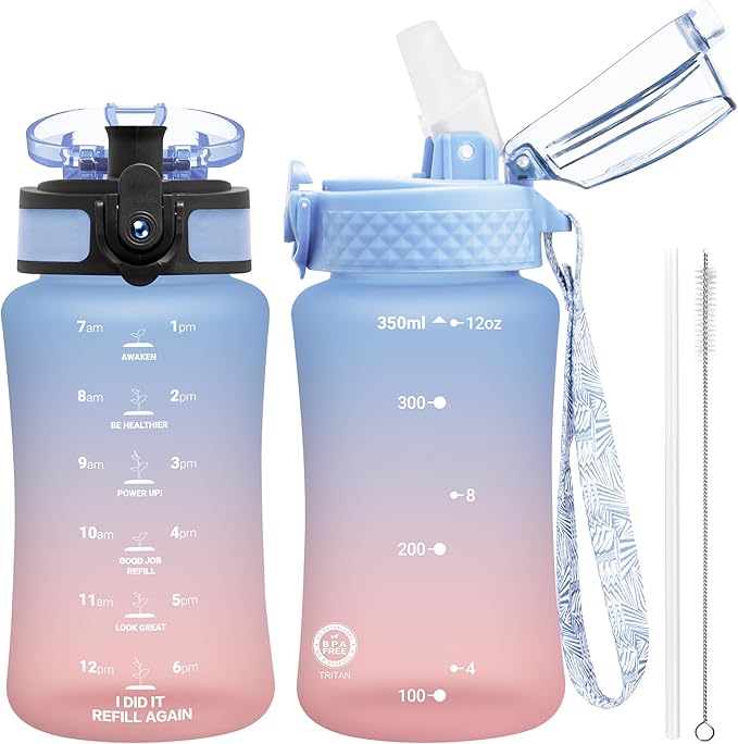 OLDLEY Kids Water Bottle for School, 12 oz (2 lids) BPA-Free Reusable Leak-proof Durable Tritan Plastic Water Bottles with Straw & Chug Lids, Anti-dust Spout Cover (Dreamland)