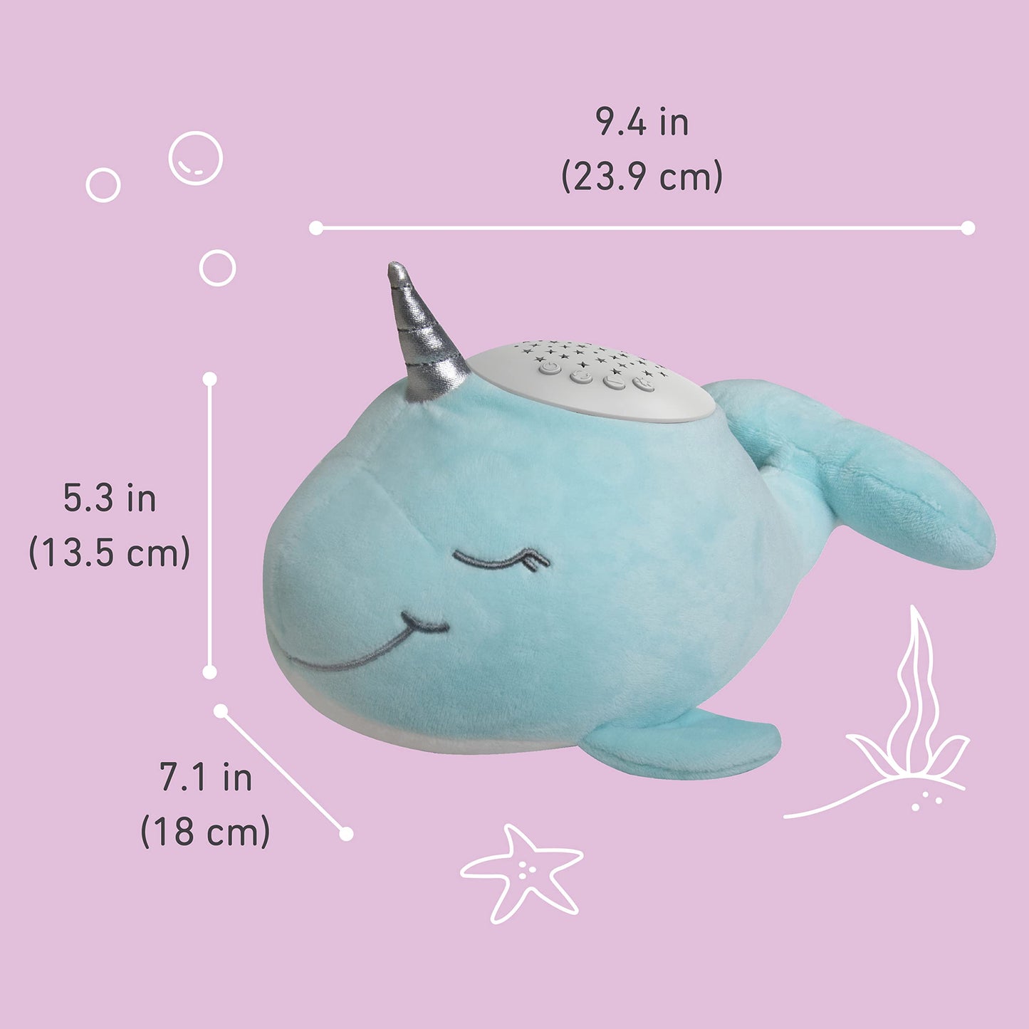 PureBaby Sound Sleepers Portable Sound Machine & Star Projector - Plush Sleep Aid for Baby and Toddlers with Soothing Night Light Display, 10 Lullabies, White Noise, and Heartbeat Sounds (Narwhal)