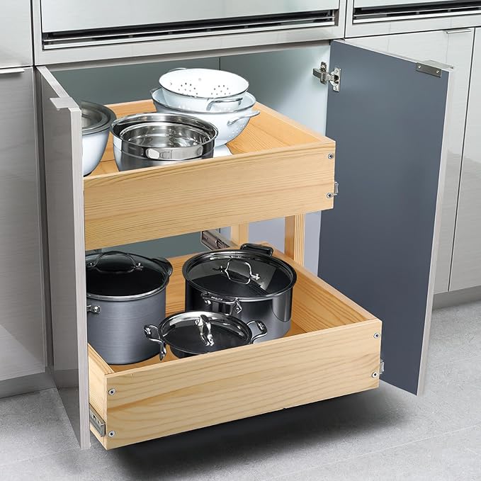 Pull Out Cabinet Organizer, 23''W×21''D×16''H Soft Close Slide Out Wood Drawer Shelves Storage for Kitchen, 2-Tier, Finished, Heavy-Duty, Bottom Assembly