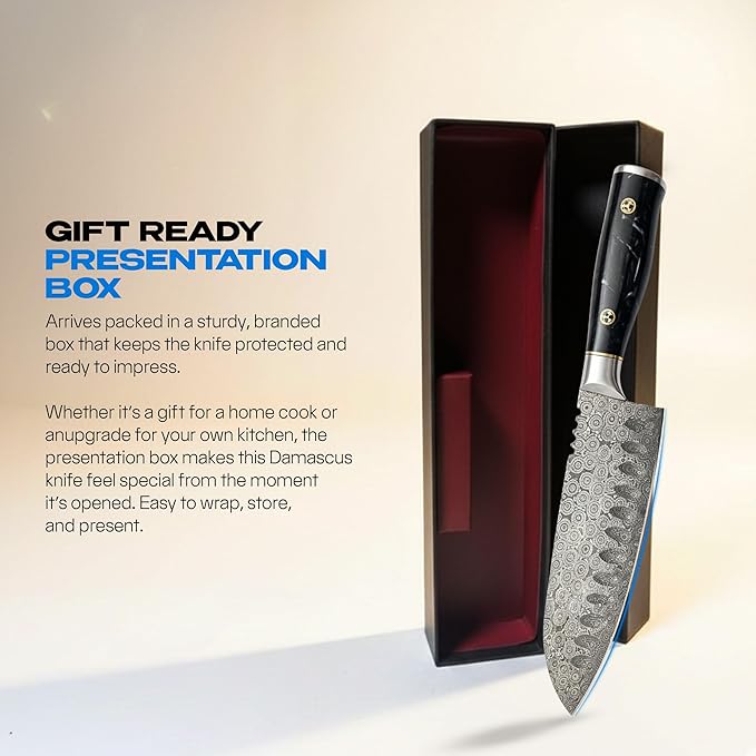 Handmade Damascus 7" Santoku Knife - Lightweight Japanese Style Kitchen Knife for Fast Chopping, Sharp 133-Layer Blade, Ideal Damascus Chef Knife for Daily Use
