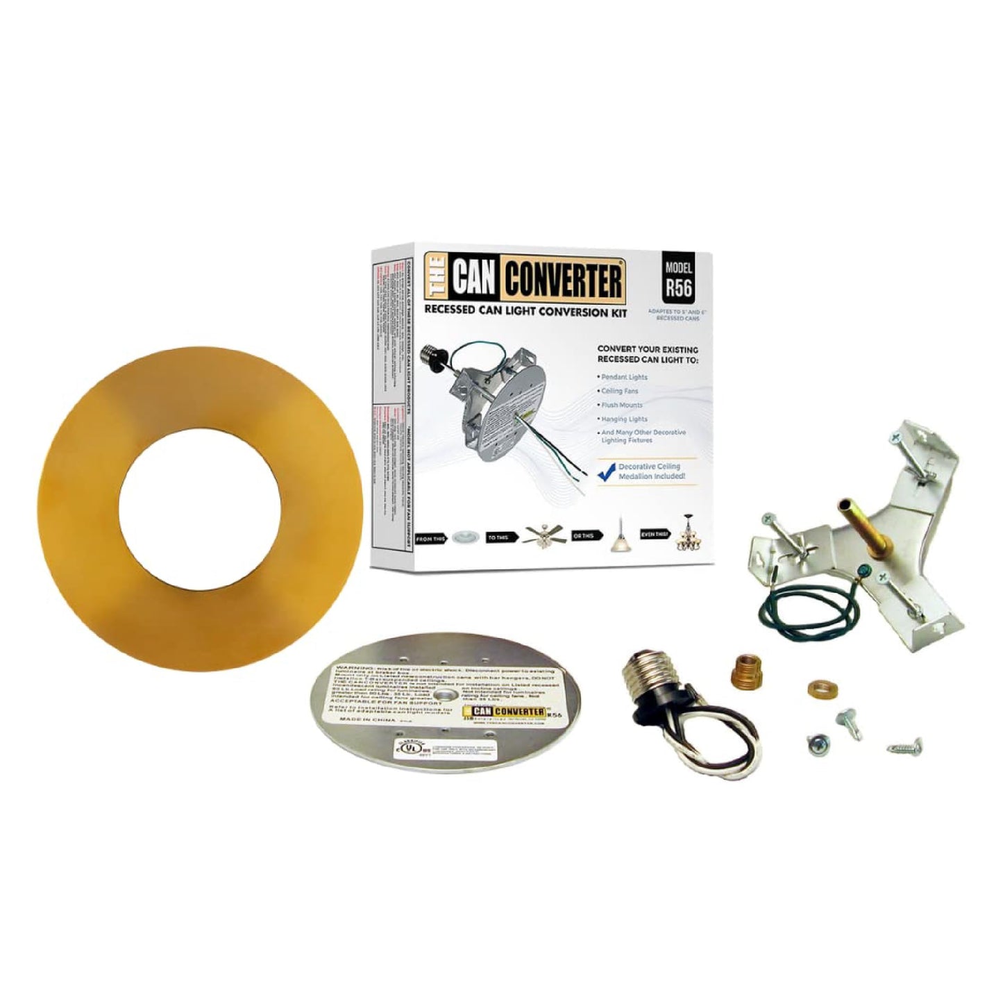 The Can Converter Recessed Can Light Conversion Kit with 7.75in Polished Gold Flat Ceiling Medallion