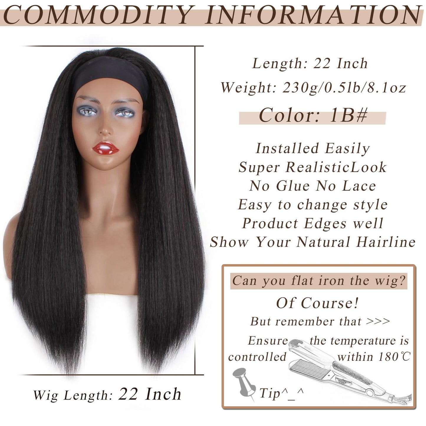 PWEOUKE Yaki Straight Headband Synthetic Wig Glueless Kinky Headband Wigs Natural Black Long 22 Inch None Lace Front Headband St