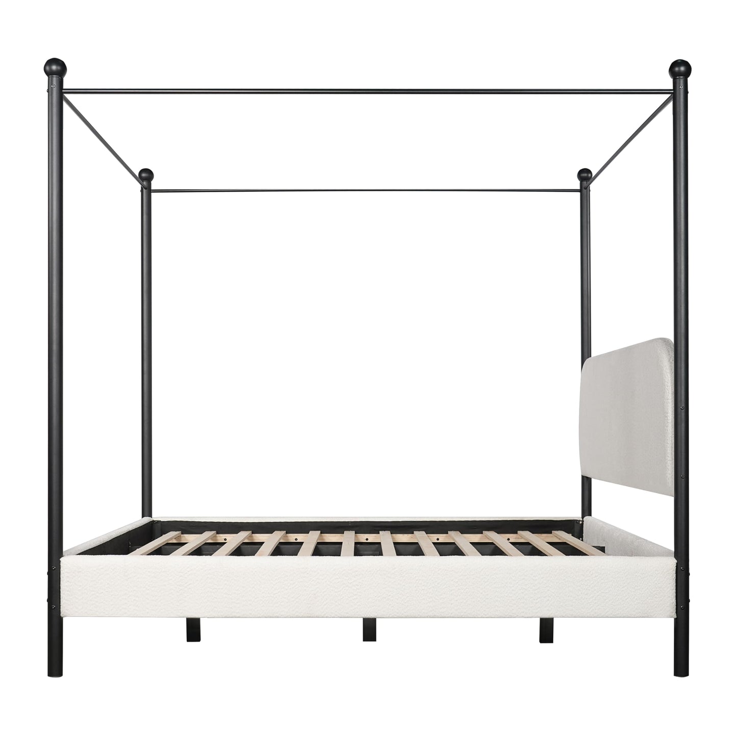 Merax King Size Canopy Bed with Upholstered Headboard, Modern Platform Bed Frame with Iron Legs, No Box Spring Needed