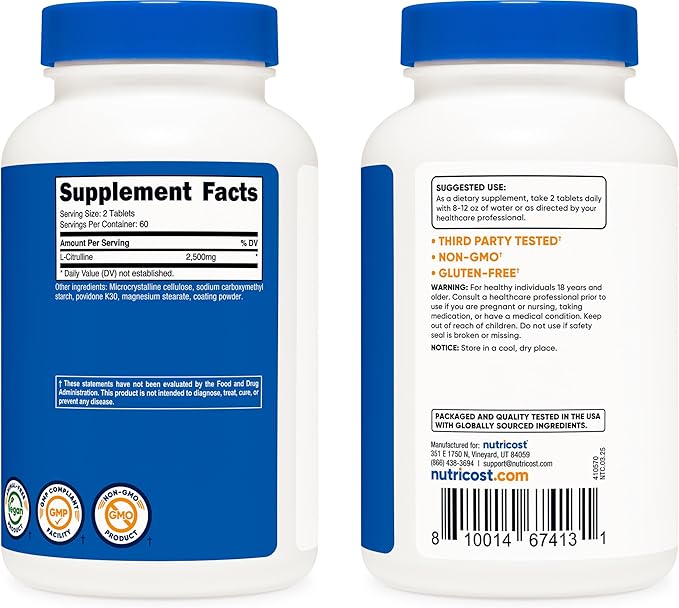 Nutricost L-Citrulline 2500mg Per Serving, 60 Servings, 1250mg Per Tablet, 120 Tabs - Non-GMO and Gluten Free Supplement