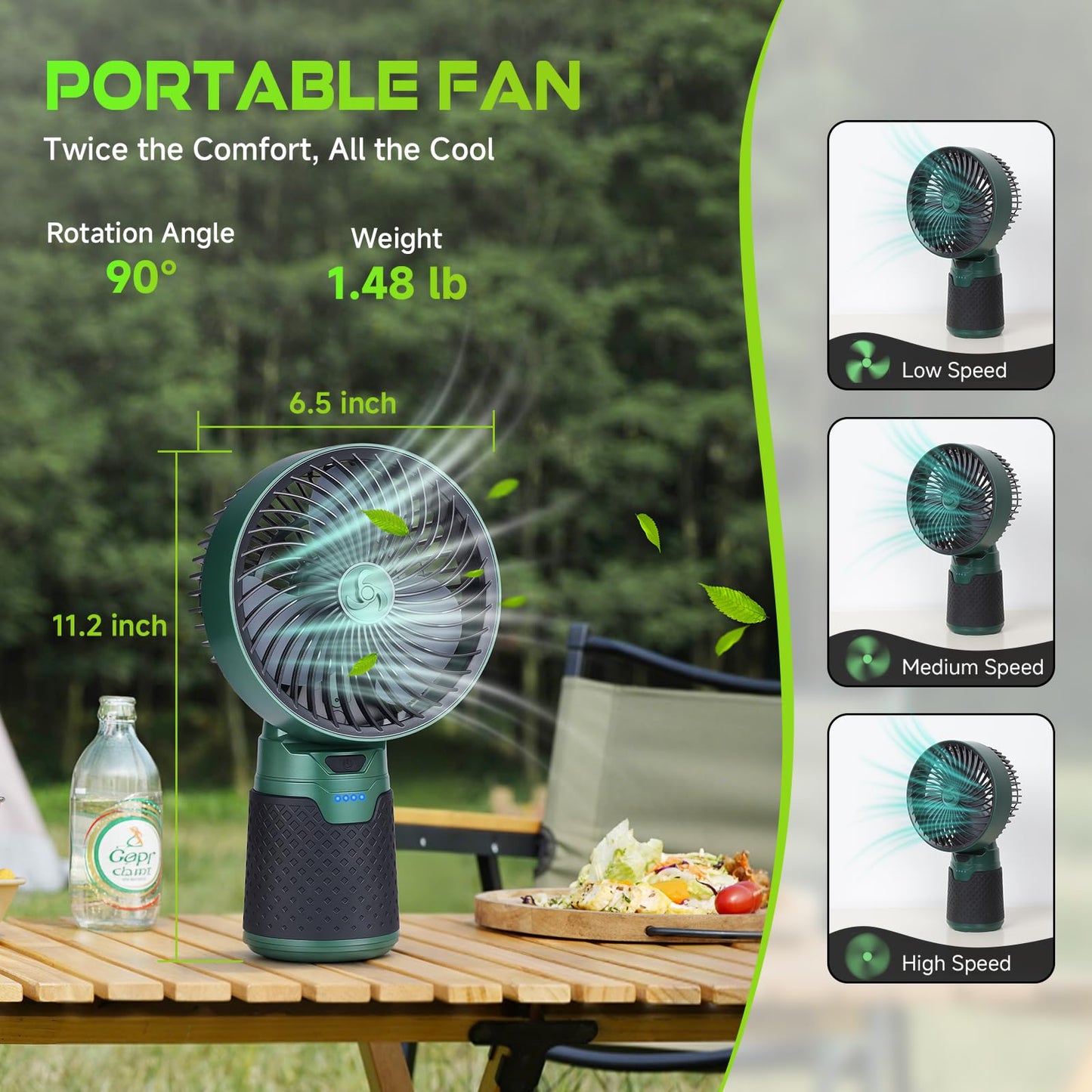 BOBKID 4 in 1 Modular Camping Lantern, LED Flashlight & Fan, 4400mAh Power Bank, IPX4 Waterproof, Green, Model WTC1003