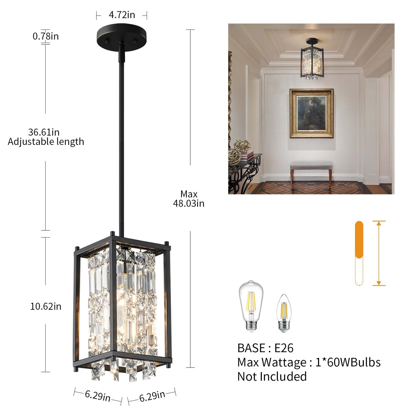 Lmqnine Kitchen Island Chandelier - Black Metal Pendant Light, Square 1-Light, Industrial Farmhouse Design For Dining Room And Hallway
