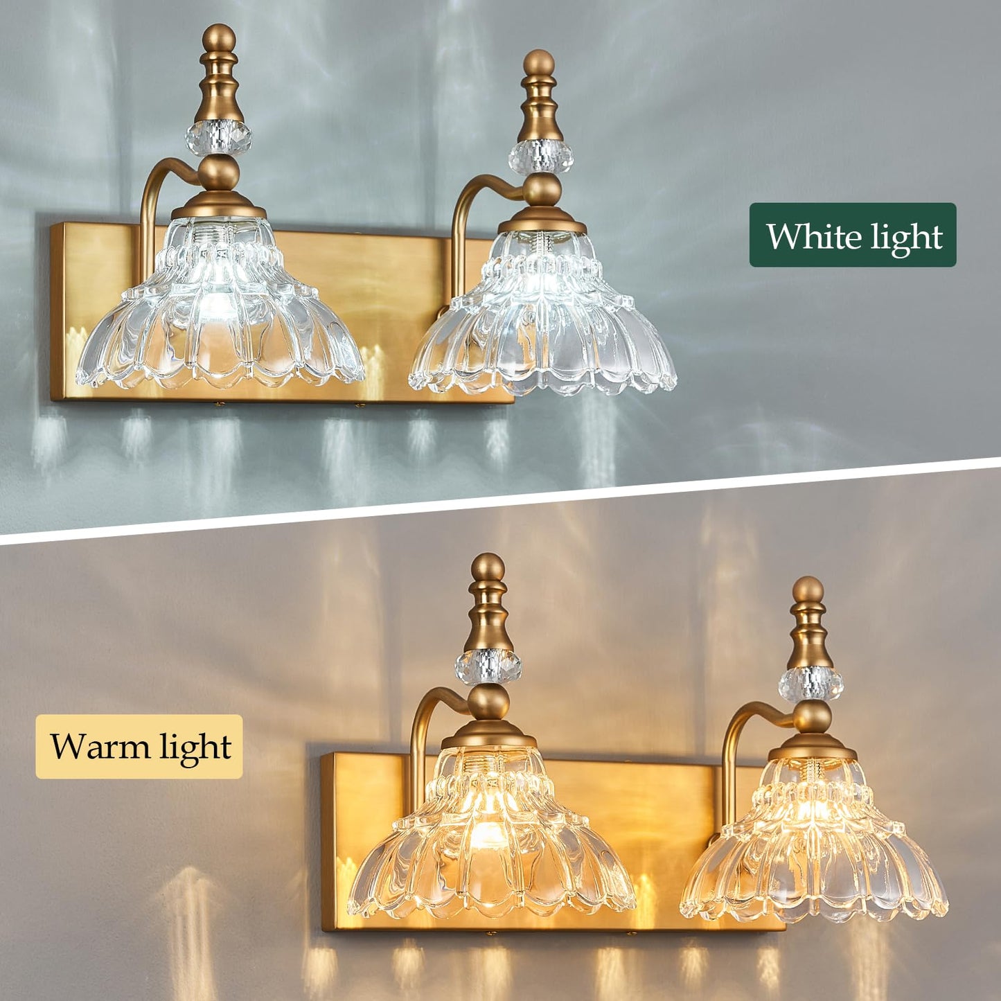 Lbsqj Vintage Bathroom Vanity Light  2-Light Brass Vanity Lighting Fixture With Flower Glass Shade  Bathroom Lighting Fixtures Over Mirror