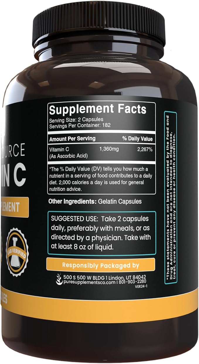 PURE ORIGINAL INGREDIENTS Vitamin C (365 Capsules) No Stearates or Rice Fillers, Gluten-Free, Vitamin C with No Additives