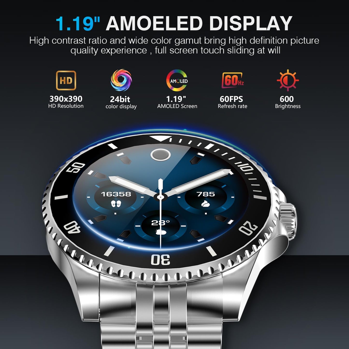 AI Smart Watch, DA GPT Waterproof Smartwatch, 1.19-inch AMOLED Display, 24/7 Heart Rate, Blood Oxygen, Blood Pressure, Sleep Monitor, 107 Sports Modes, Compatible Android and iOS Silver Black