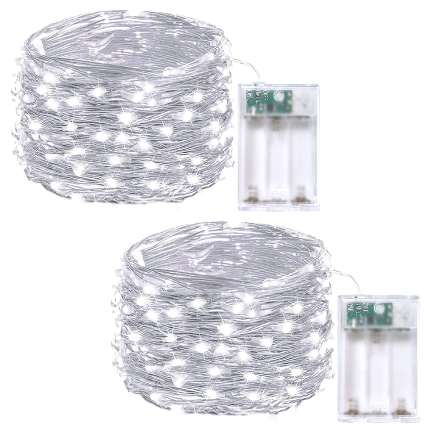 EXF 2-Pack Fairy Lights, 50 LED, Battery Operated, Waterproof, 16FT, Cool White, Model YHY-BO50LED, Indoor Outdoor Decor