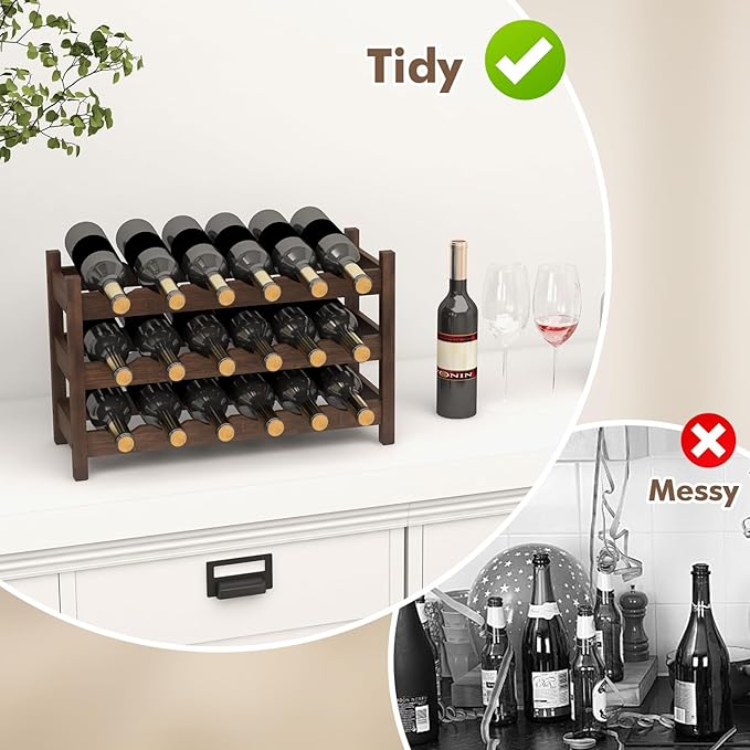 Giantex Bamboo 3-Tier 18-Bottle Wine Storage Cabinet Shelf, Countertop Wine Rack for Kitchen, Bar, Pantry & Wine Cellar, Coffee