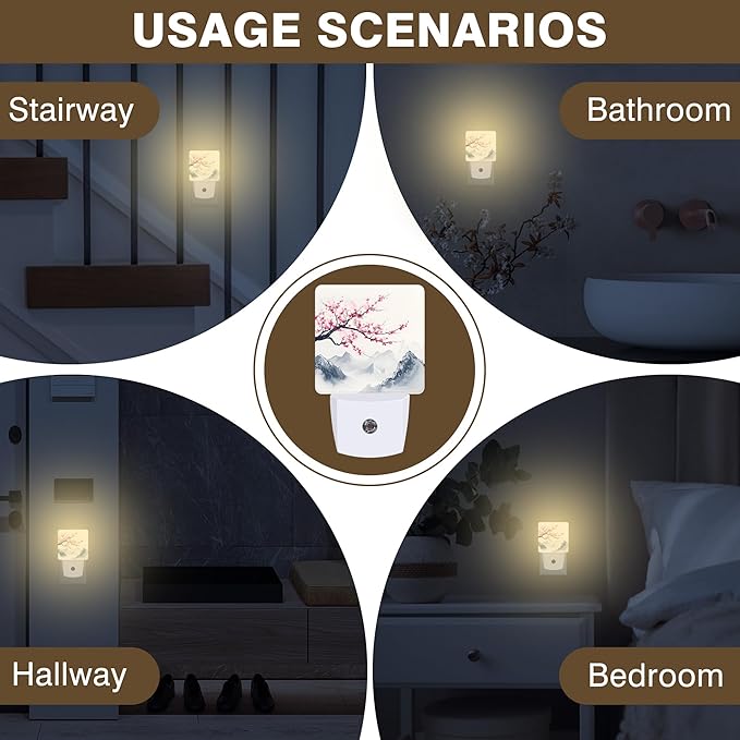 Cherry Blossom Tree Night Light, Japanese Mountains Plug-in Nightlight with Dusk to Dawn Auto Sensor for Home Bedroom Hallway Kitchen 0.5W Sleep Friendly Led Lamp for Women Men
