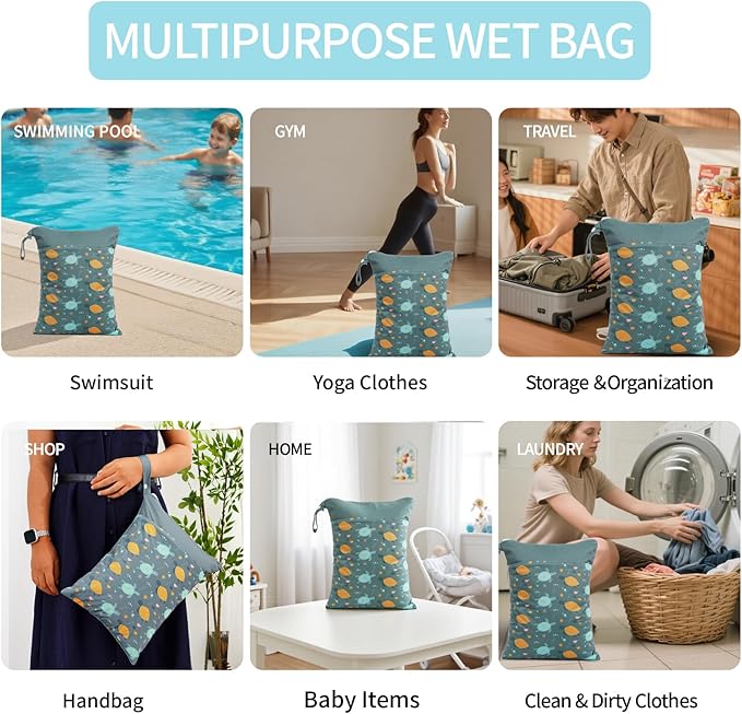 2pcs Wet Bags Waterproof Reusable Wet Dry Bag with Two Zippered Pockets Travel Beach Pool Daycare Yoga Gym Bag for Baby Cloth Diaper,Swimsuits,Wet Clothes (Turtles & Seagrass)