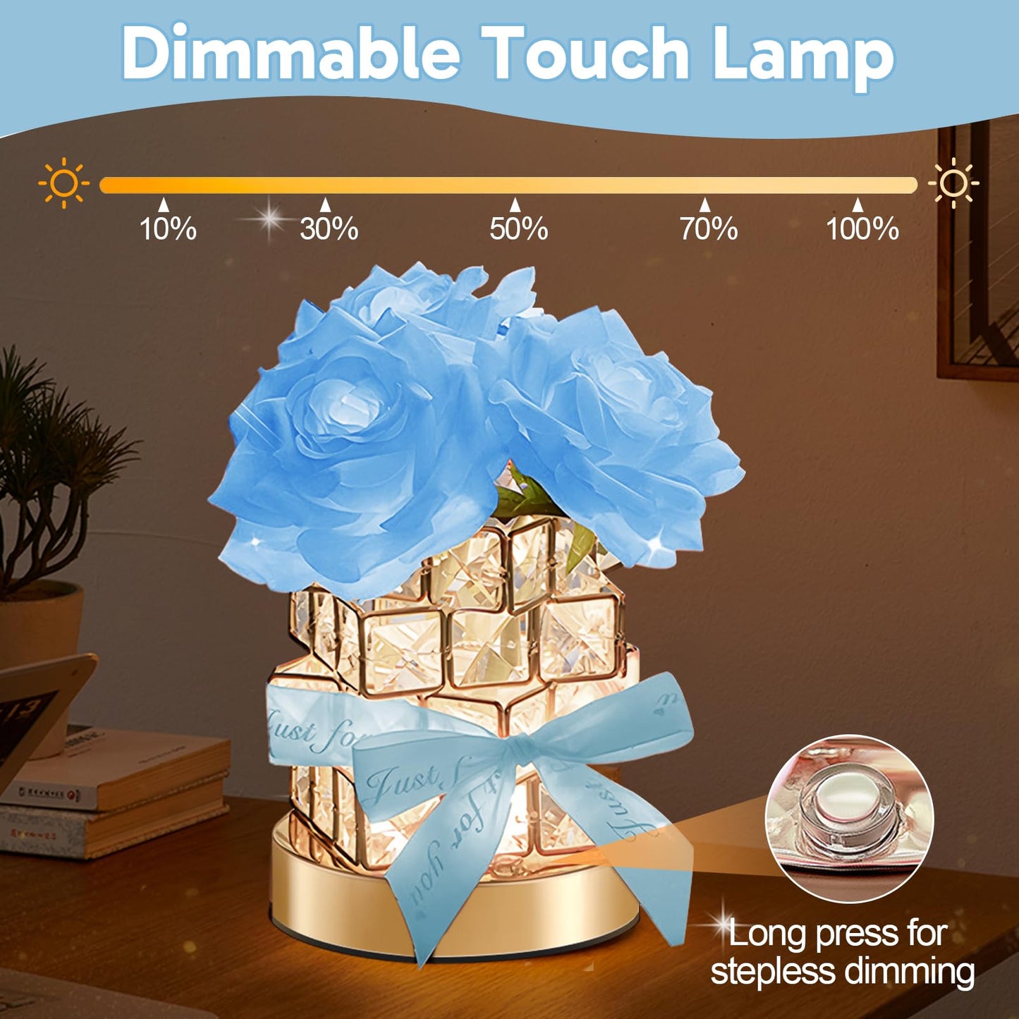 Onxe Romantic Rose Gifts For Girlfriend Wife Her Rechargeable Cordless Touch Crystal Table Lamp 3-Colour Infinitely Dimming Small Night Light ValentineS Day Anniversary Birthday Wedding Decor