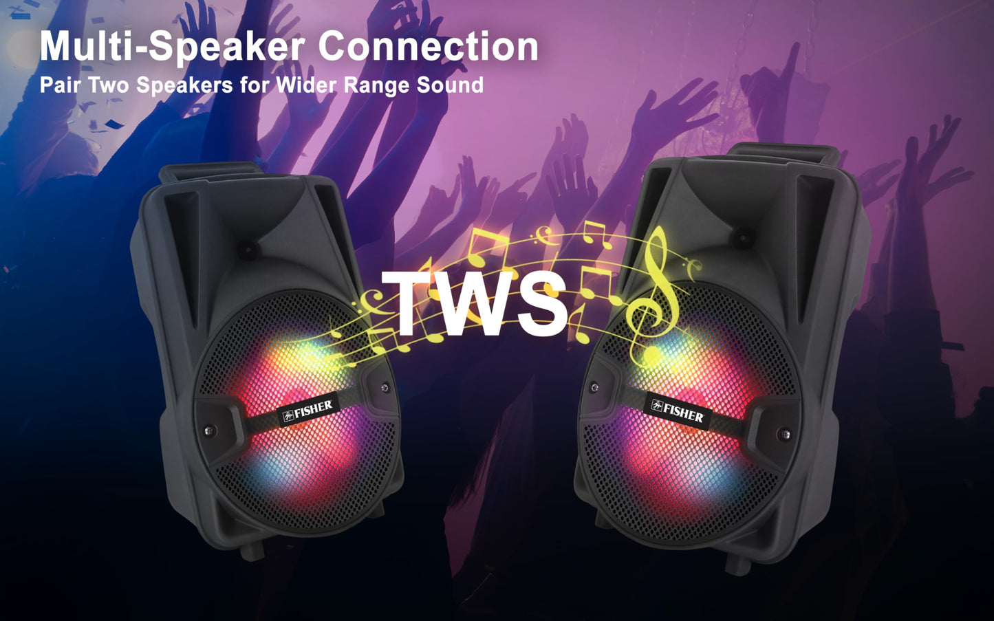 Fisher Portable Bluetooth Wireless Speaker System: 8" Subwoofer 20W Peak Power w Loud HD Bass Sound & LED Lights, Rechargeable, Karaoke, TWS Pairing, USB Port, FM Radio, Speaker Stand