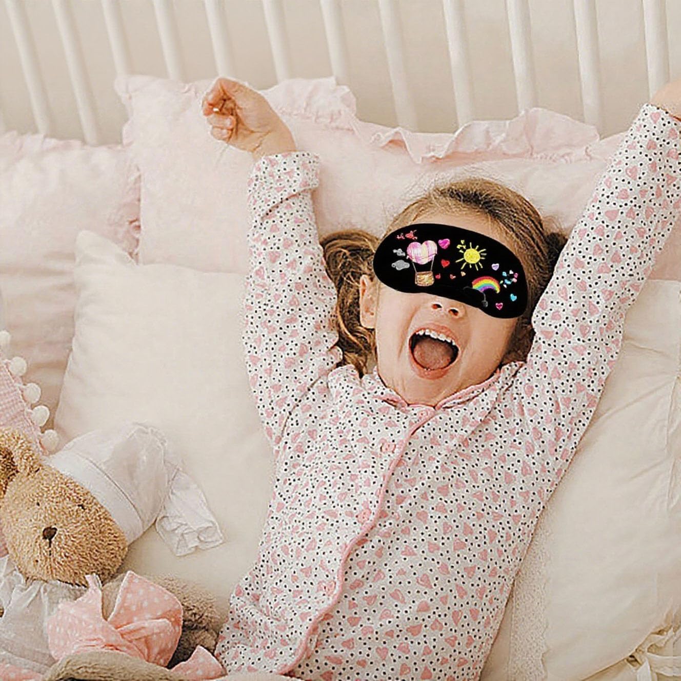 22 PCS Sleepover Party Supplies, 12 PCS Sleep Eye Masks Blindfold Slumber Eye Covering with 2 Sheets Self-Adhesive Heart Rhinestones Gems&8 PCS Fabric Marker Pens, Black
