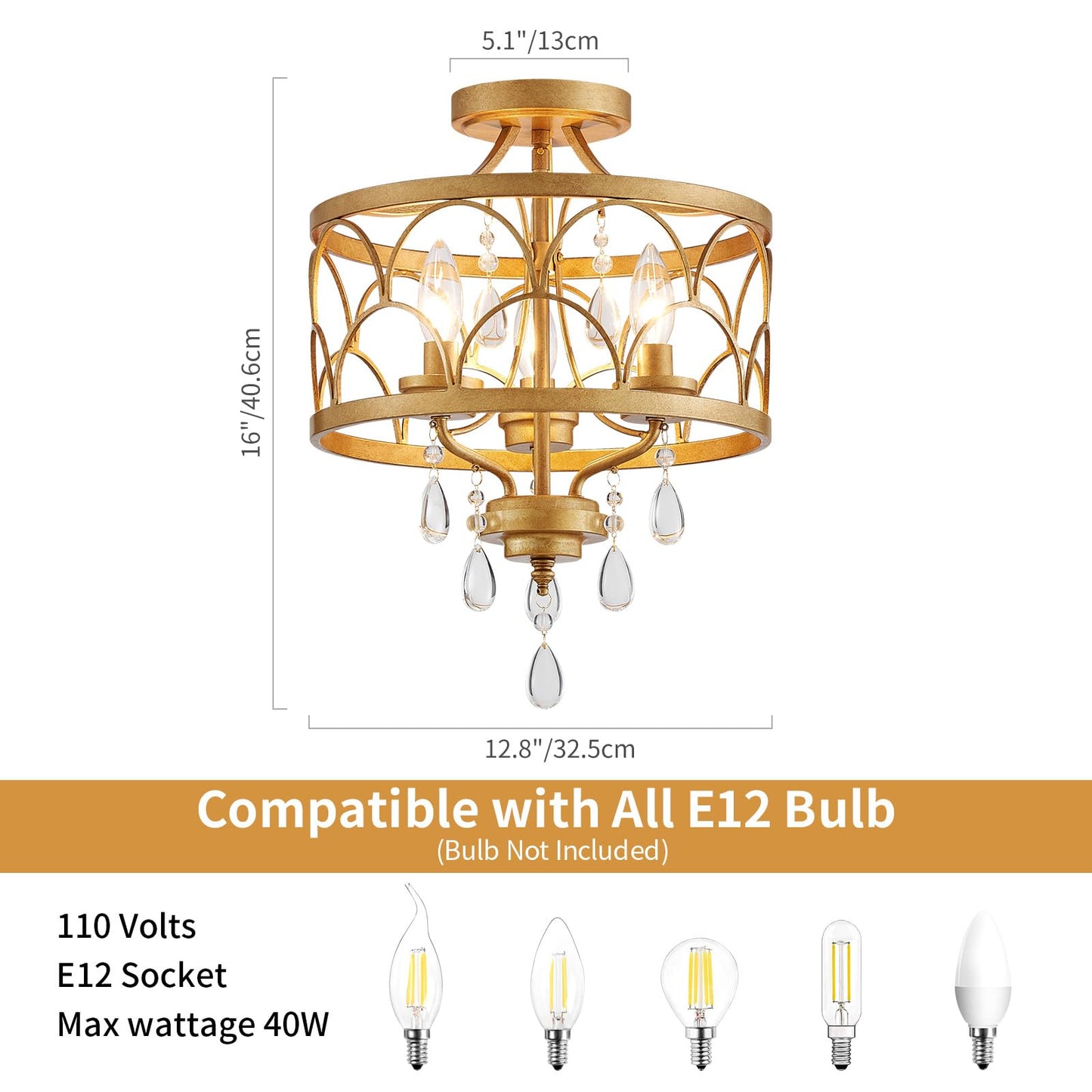 Crystal Ceiling Light Fixture  Modern Small Chandelier Light Fixture  Farmhouse Gold Semi Flush Mount Ceiling Light  Round Hallway Lighting Fixtures For Bedroom Entryway Closet Dining Room Living Room