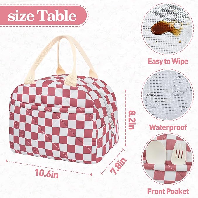 Cotton Quilted Insulated Lunch Bag, Cute Quilted Floral Lunch Tote Bags Reusable Insulated Lunch Box Coquette Aesthetic Large Capacity Insulated Cooler for Women Work Travel Picnic (Checkered-Pink)