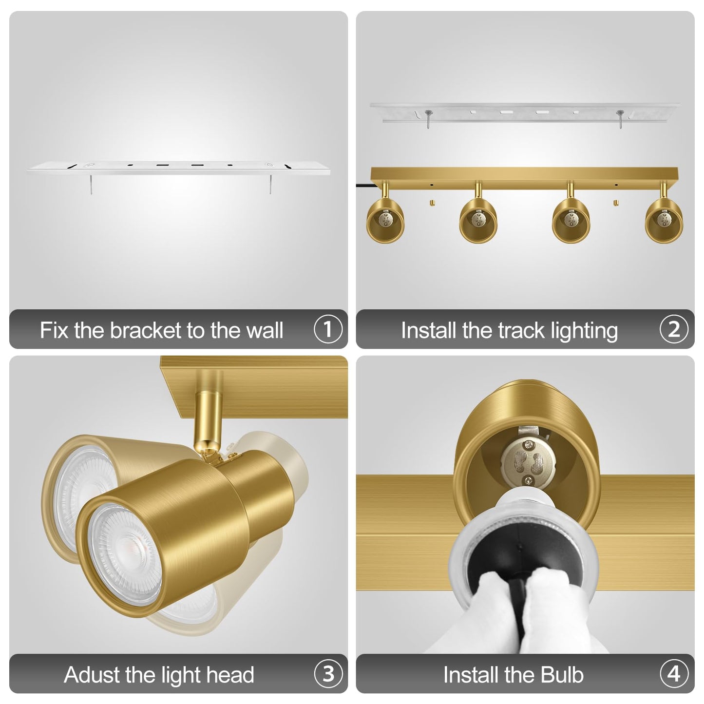 Plug in Track Lighting, 23" LED Track Light Fixtures Ceiling, Gold 4 Way Spotlight, Rotatable Light Head, Plug in Ceiling Light with Power Cord, Plug Wall Light for Kitchen Hallway Bar(GU10, NO Bulb)