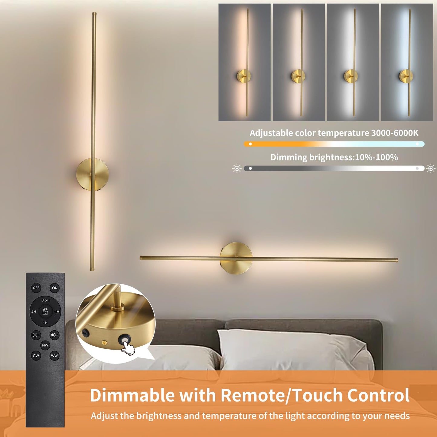 HONGREN 40in Gold Battery Operated Wall Sconces, LED Dimmable with Remote Control, Set of Two, Modern Metal Design