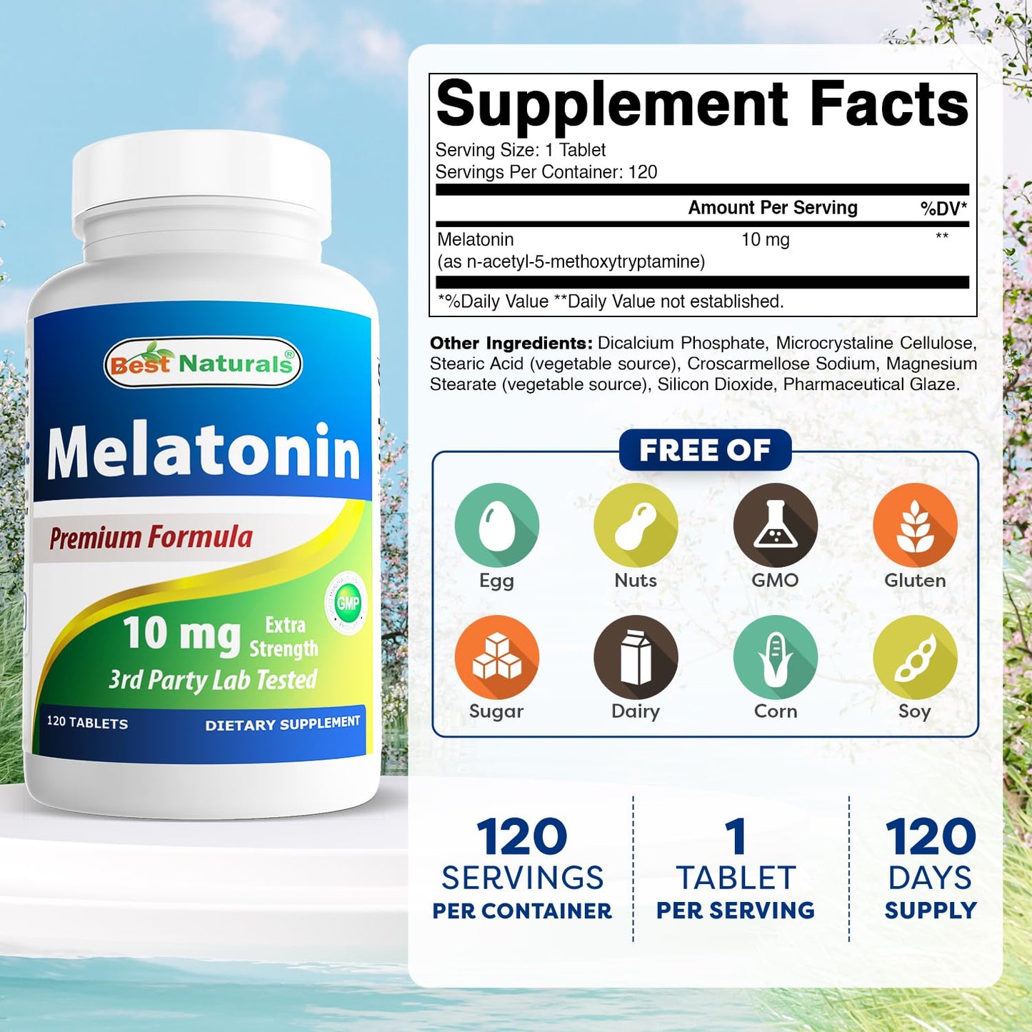 Best Naturals Melatonin 10mg (Non-GMO) Tablets - Helps Promote Relaxation & Sleep - 120 Count