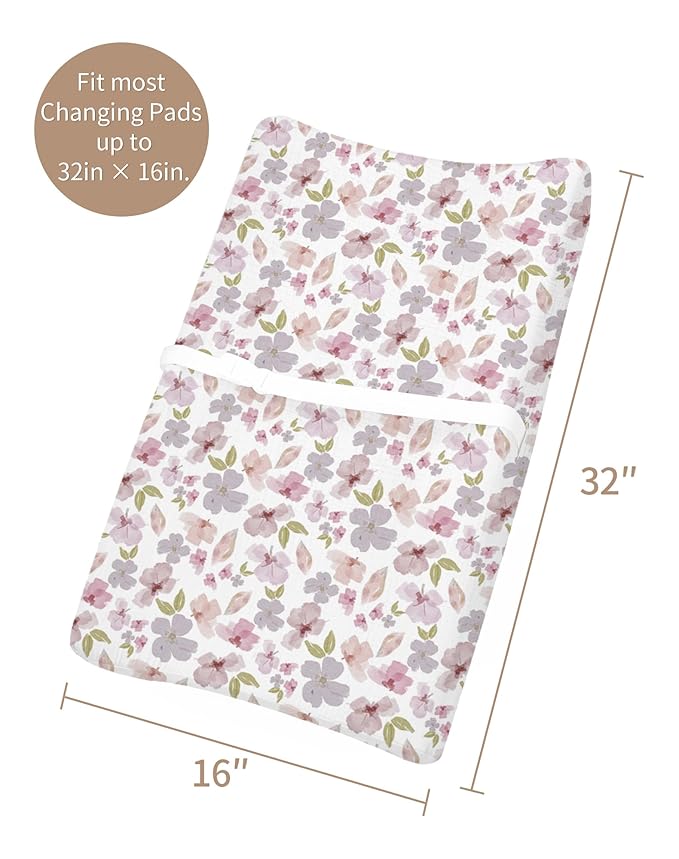 Changing Pad Cover for Baby Boy Girl 2 Pack, Muslin Changing Table Pad Covers with Boho Style, Neutral Nursery Bedding Essentials Soft and Breathable (Purple Petals & White)