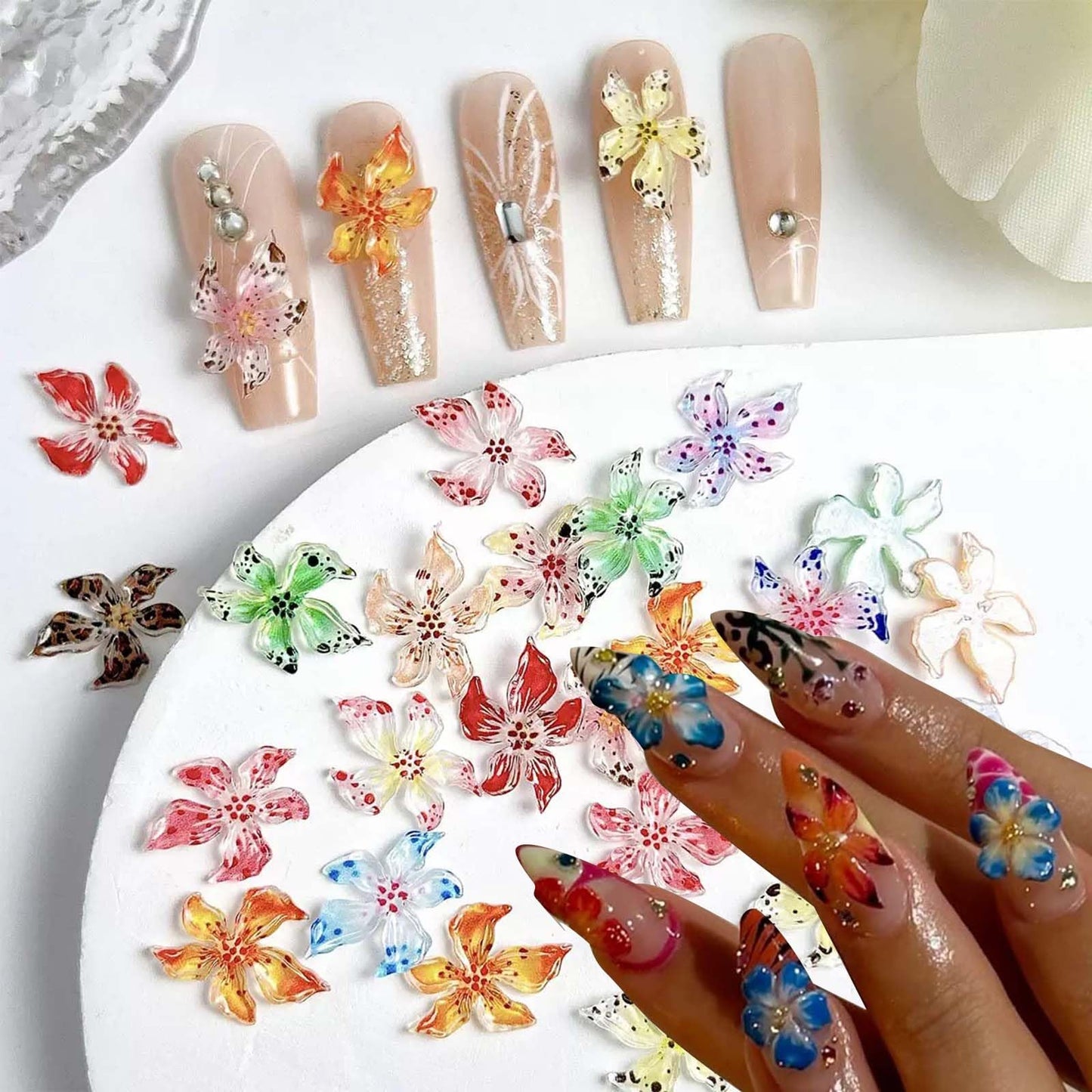 ONPRESS 100Pcs Flower Nail Charms 3D Mixed Colorful Floral Nail Gems Spring Summer Nail Rhinestones Supplies Cute Mixed Color Re