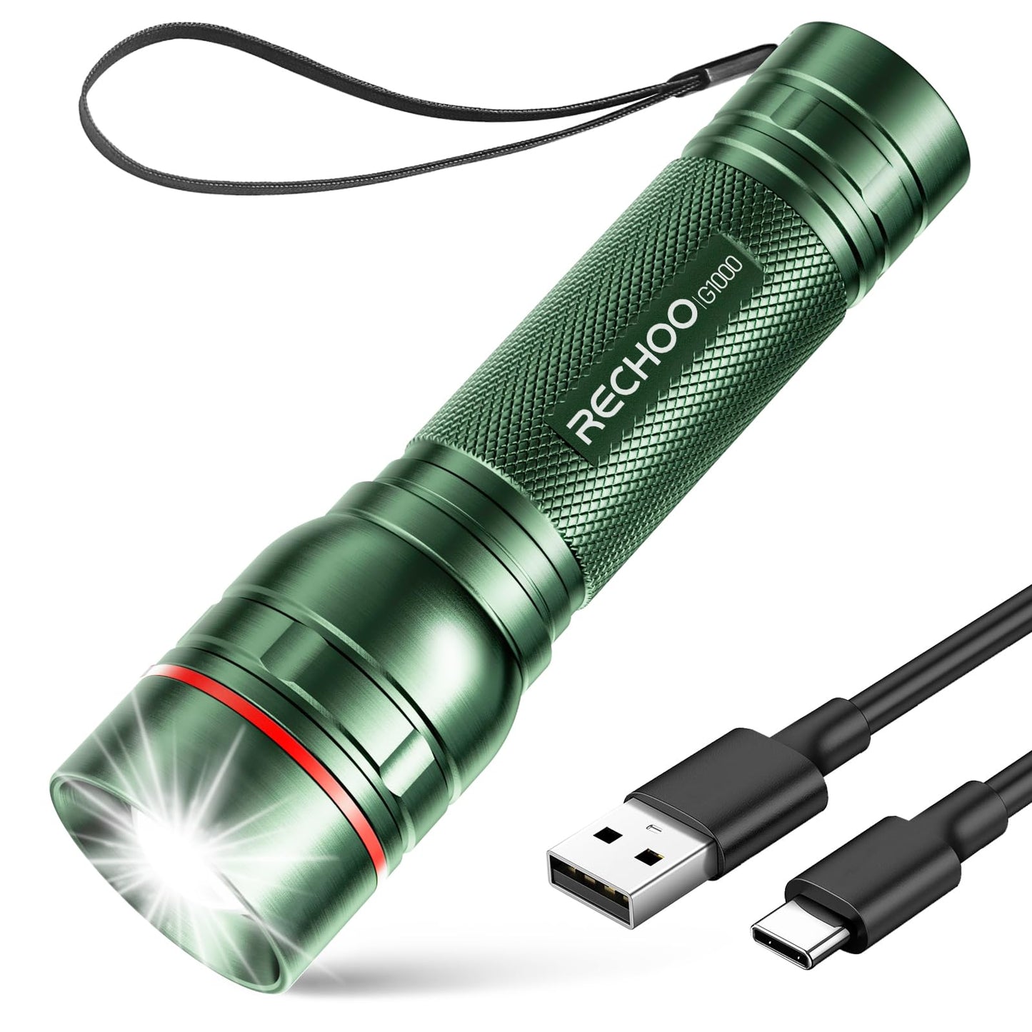 RECHOO G1000 Rechargeable Flashlight, 3 Lighting Modes, Aluminum, 1 Pack, Green