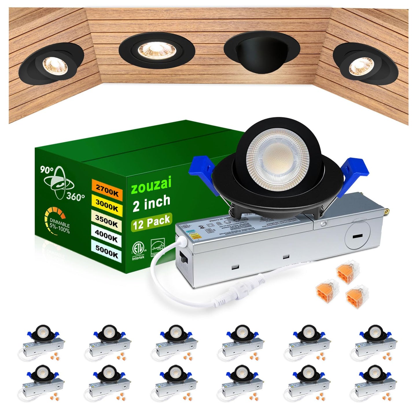 Zouzai 2 Inch 5Cct Gimbal Black Led Recessed Lighting With Junction Box  360+90 Adjustable Led Recessed Lights  2700K/3000K/3500K/4000K/5000K  5W Eqv 50W  550Lm Brightness - Etl (Black  12 Pack)