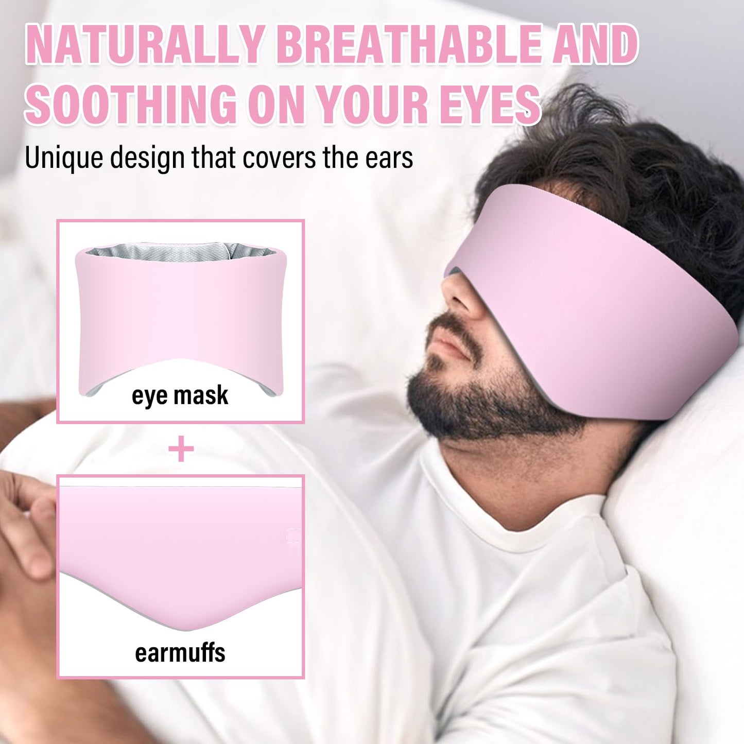 Sleep Mask, Eye Mask for Sleeping with Heads Adjustable, Earmuffs for Sleep for Men & Women, 2 in 1 Ear Mask and Blindfold, Soft Dual-Sided All-Season Eye Cover for Side Sleepers (Pink)