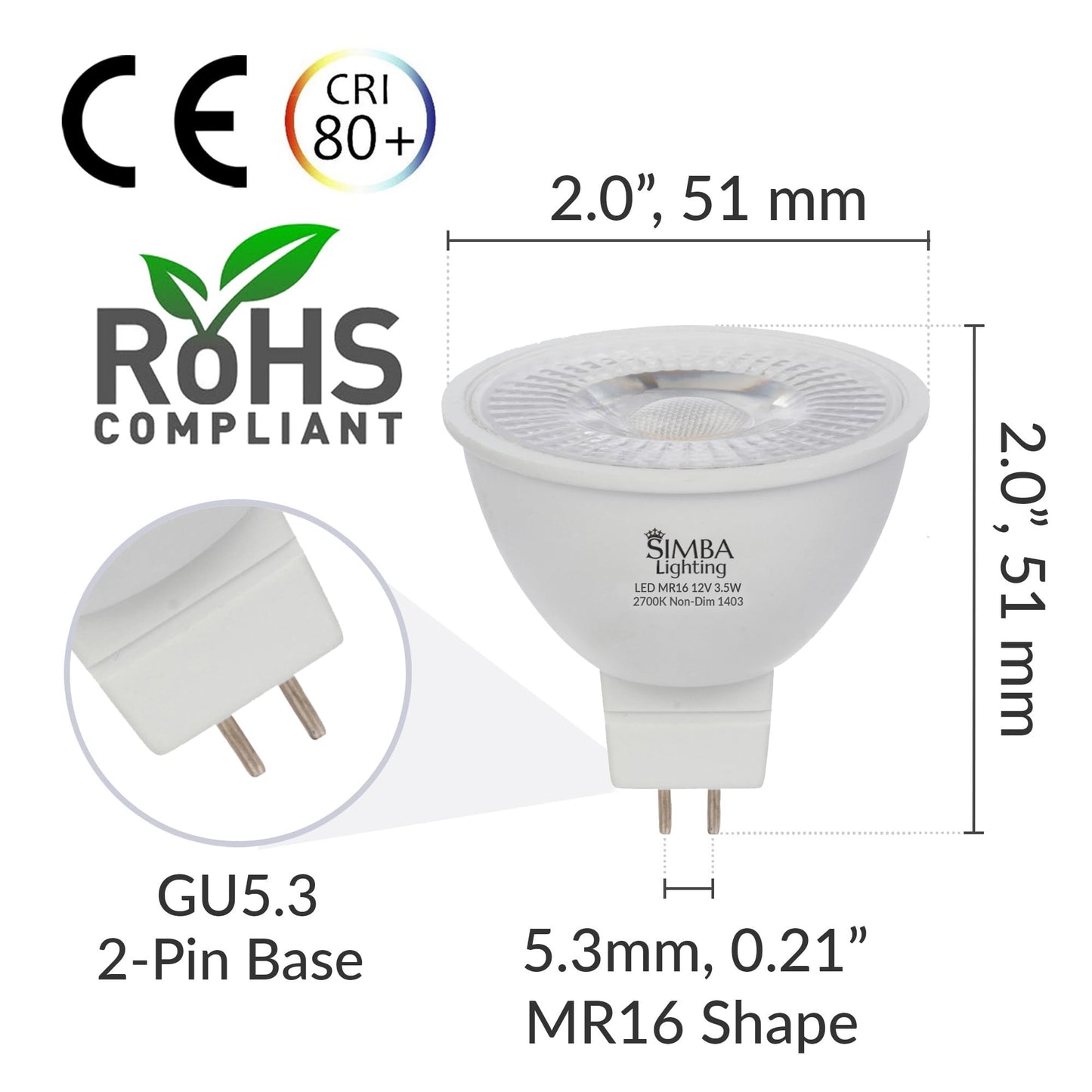 Simba Lighting Led Mr16 3.5W 12V Light Bulb (10 Pack) 20W Halogen Spotlight Replacement For Landscape  Accent  Track Lights  Desk Lamps  Bab C  Gu5.3 Bipin Base  2700K Warm White  Not Dimmable