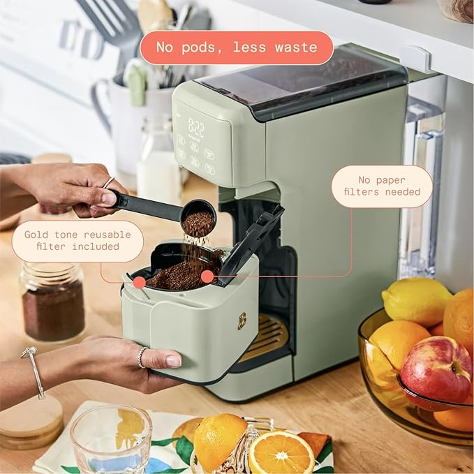 Beautiful Perfect Grind Programmable Single Serve Coffee Maker with Touch-activated Display, Programmable and Integrated Burr Grinder, 64oz Water Reservoir (Sage Green)