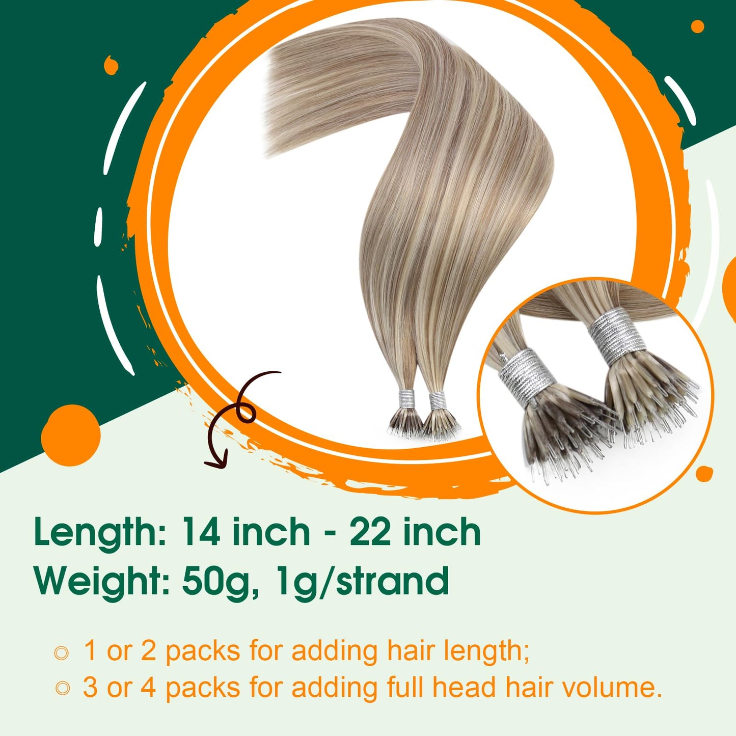 Easyouth Seamless Nanos Hair Extension Highlighted Nano Tip Hair Extensions Medium Blonde with Light Brown Nano Ring Hair Extens