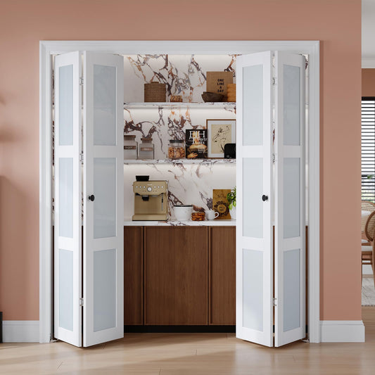 EaseLife Preassembled Bi-Fold Doors, for 72"x 80" Opening,Tempered Frosted Glass Closet Folding Barn Door with Concealed Hardware Kit,MDF Wood Panel,Water-Proof PVC Surface,Easy Installation