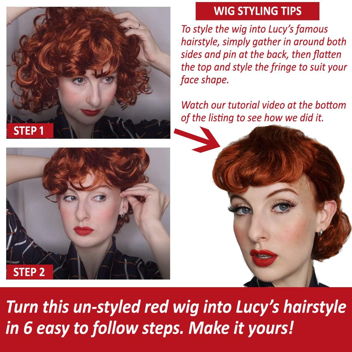 ALLAURA Wigs Lucy Auburn Red Hair Wig 50s Housewife - Synthetic Natural Looking - Lucy Wig 1950s Wig | Compatible with Lucy Wig
