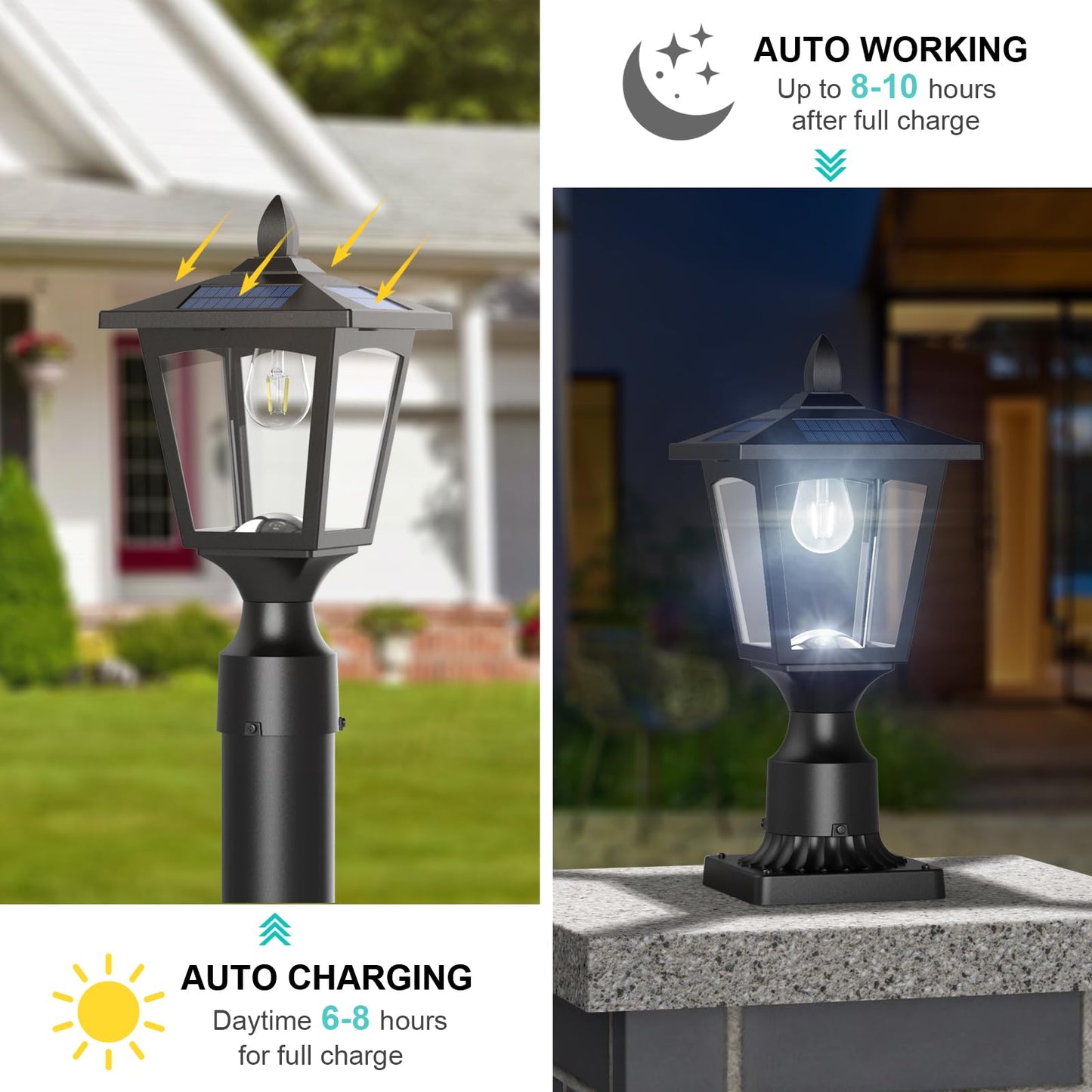 Greluna Solar Post Lights, 6000K Dusk to Dawn Outdoor Waterproof Lamp, Cool White, Model PL007