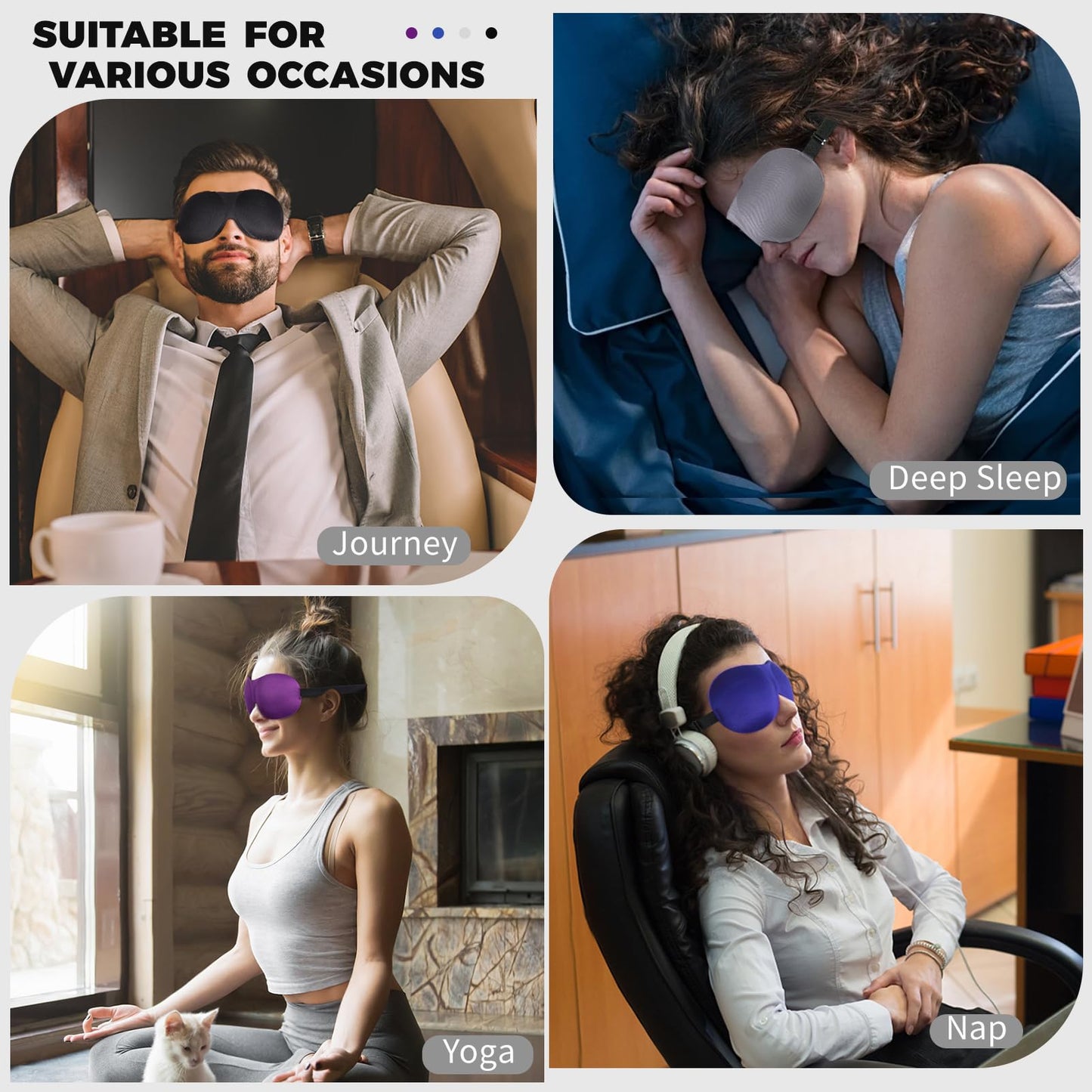 4 Pack Sleep Mask for Women and Men Adjustable Blackout 3D Eye Masks for Sleep, Blindfold with Storage Bag and Earplug for Travel Nap and Night (Black, Purple, Blue, Gray)