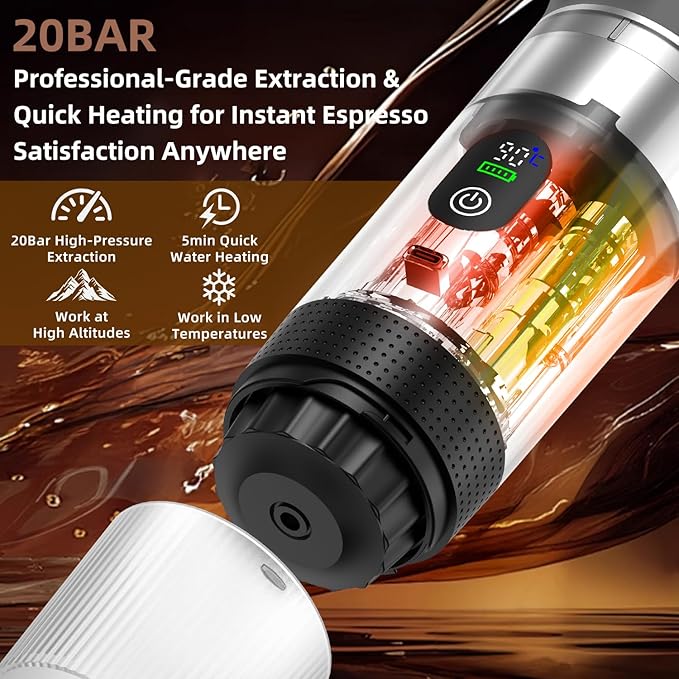 Portable Coffee Maker for Travel & Camping, Portable Espresso Maker for Travel, Rechargeable Cordless Battery Operated Coffee Makers for Ground Coffee, NS Capsule RV, Hiking, Office(Grey)