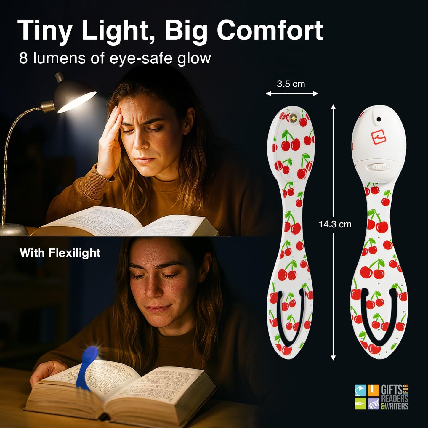 Gifts for Readers & Writers Flexilight Bookmark Light | LED Clip-On Reading Lamp | Battery Operated | Cherries